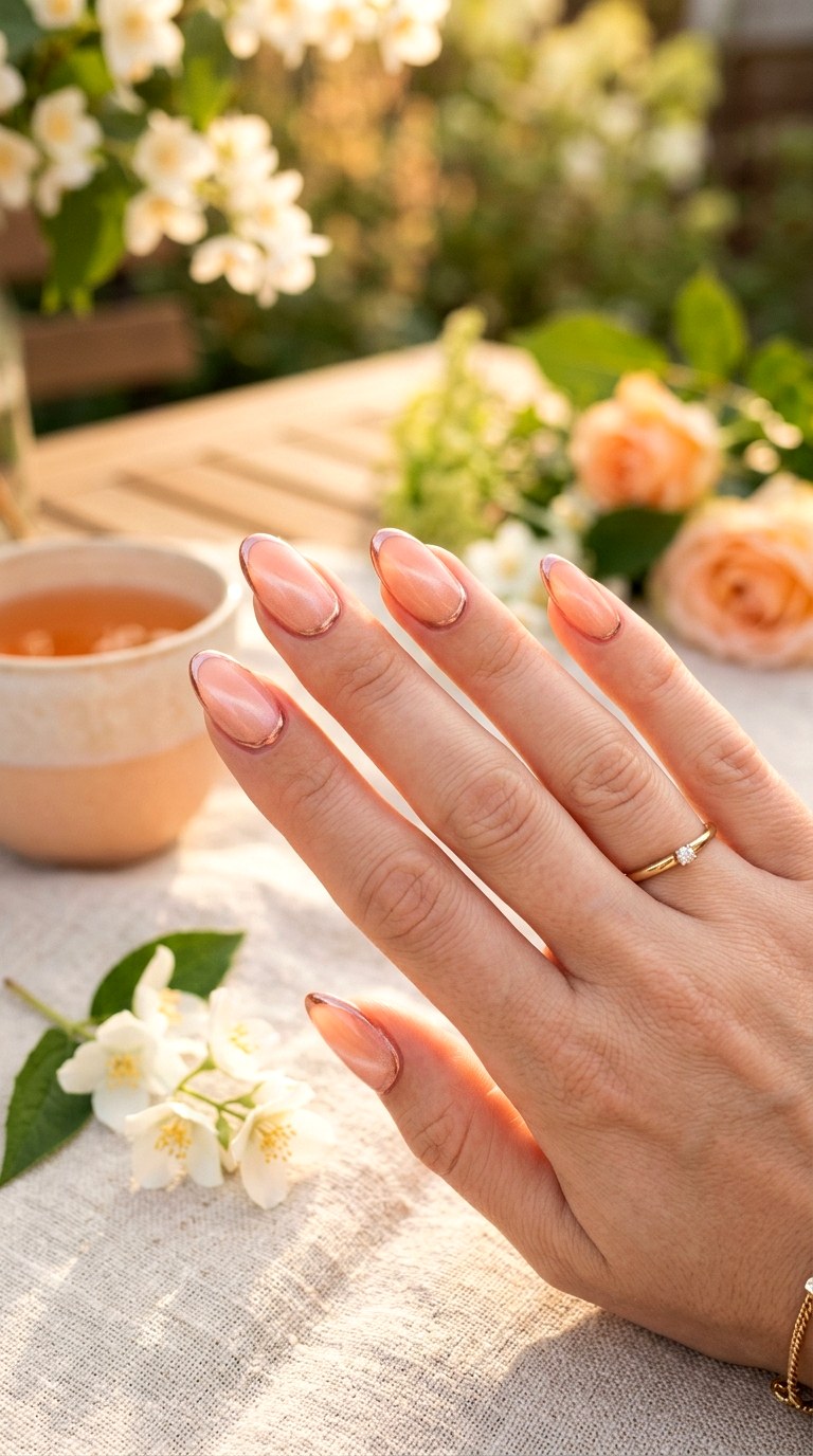 Peach Cat Eye with Chrome French Outline - 22 Summer Chrome Outline Cat Eye Nails Ideas