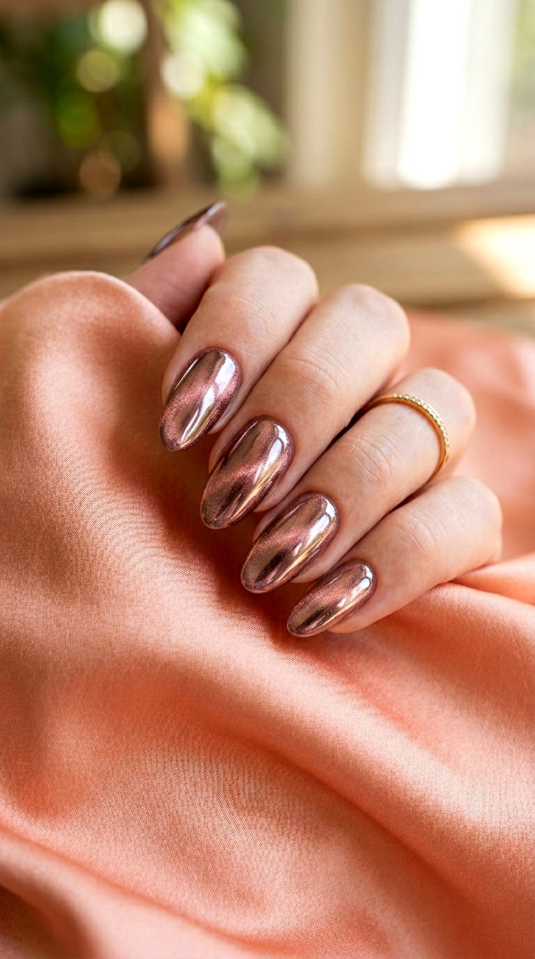 Peach Cat Eye with Chrome Overlay - 22 Summer Peach Cat Eye Nails Ideas