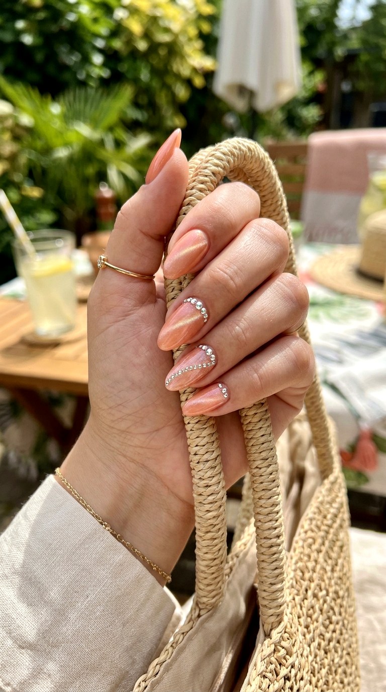 Peach Cat Eye with Crystal Accent Nails - 22 Summer Peach Cat Eye Nails Ideas