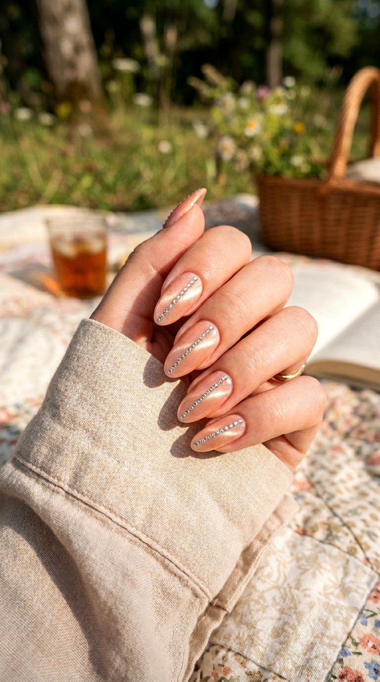 Peach Cat Eye with Diagonal Crystal Design - 21 Summer Crystal Accent Cat Eye Nails Ideas