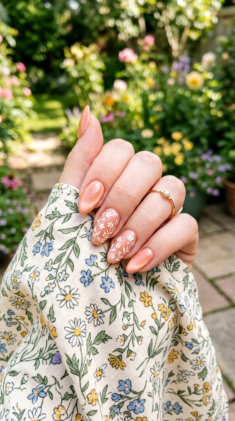 Peach Cat Eye with Floral Art Accents - 22 Summer Peach Cat Eye Nails Ideas