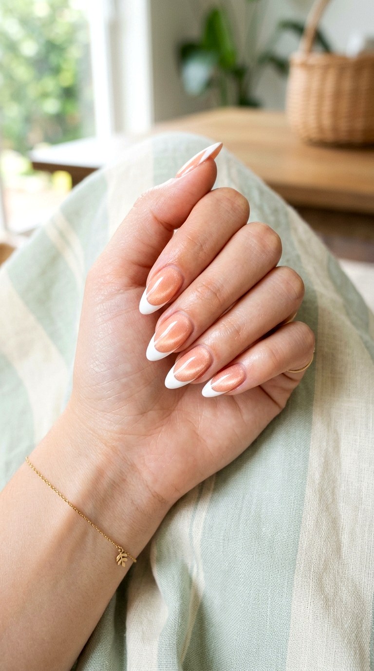 Peach Cat Eye with French Tip Overlay - 22 Summer Peach Cat Eye Nails Ideas
