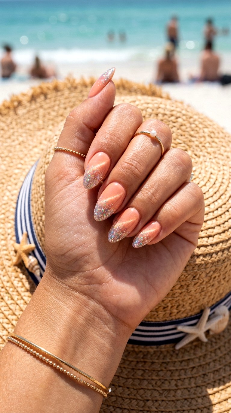 Peach Cat Eye with Glitter Gradient Tips - 22 Summer Peach Cat Eye Nails Ideas