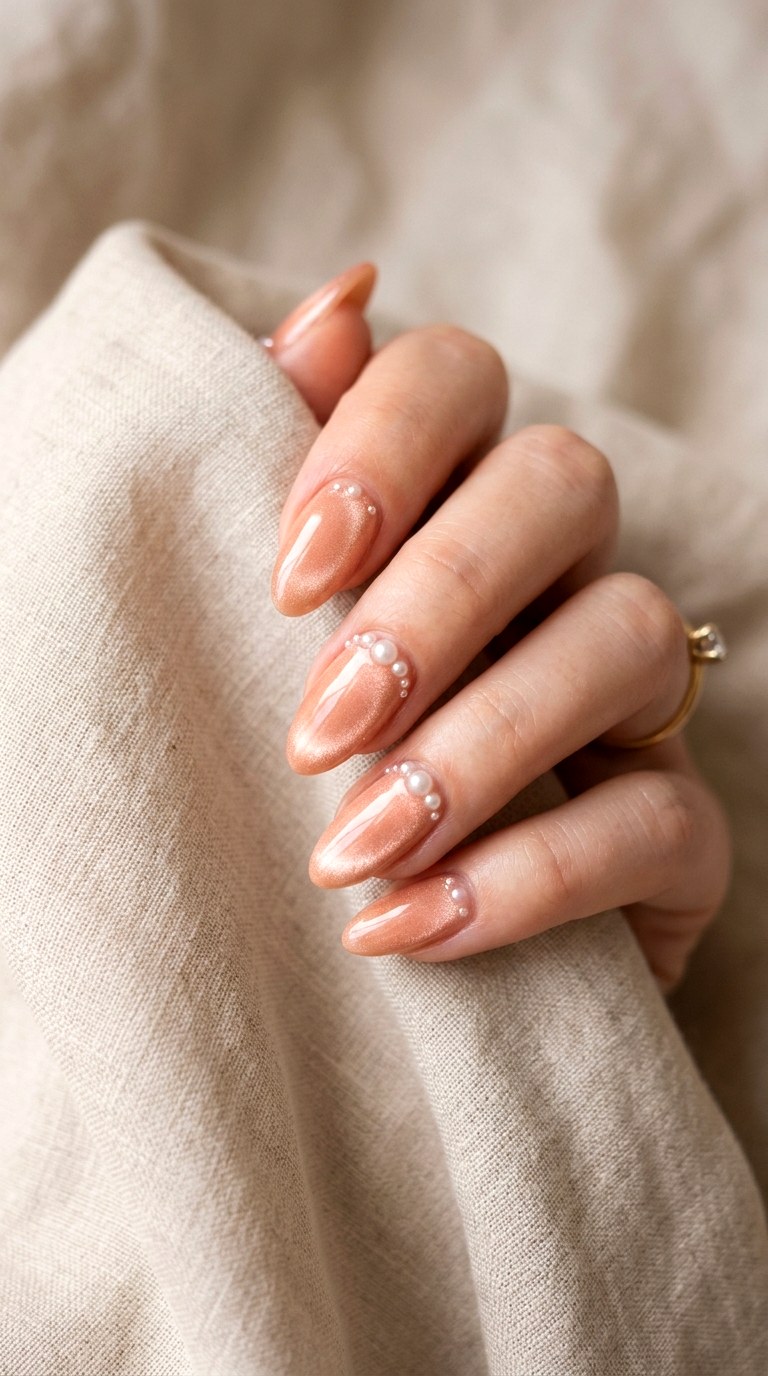 Peach Cat Eye with Micro Pearl Accents - 22 Summer Peach Cat Eye Nails Ideas