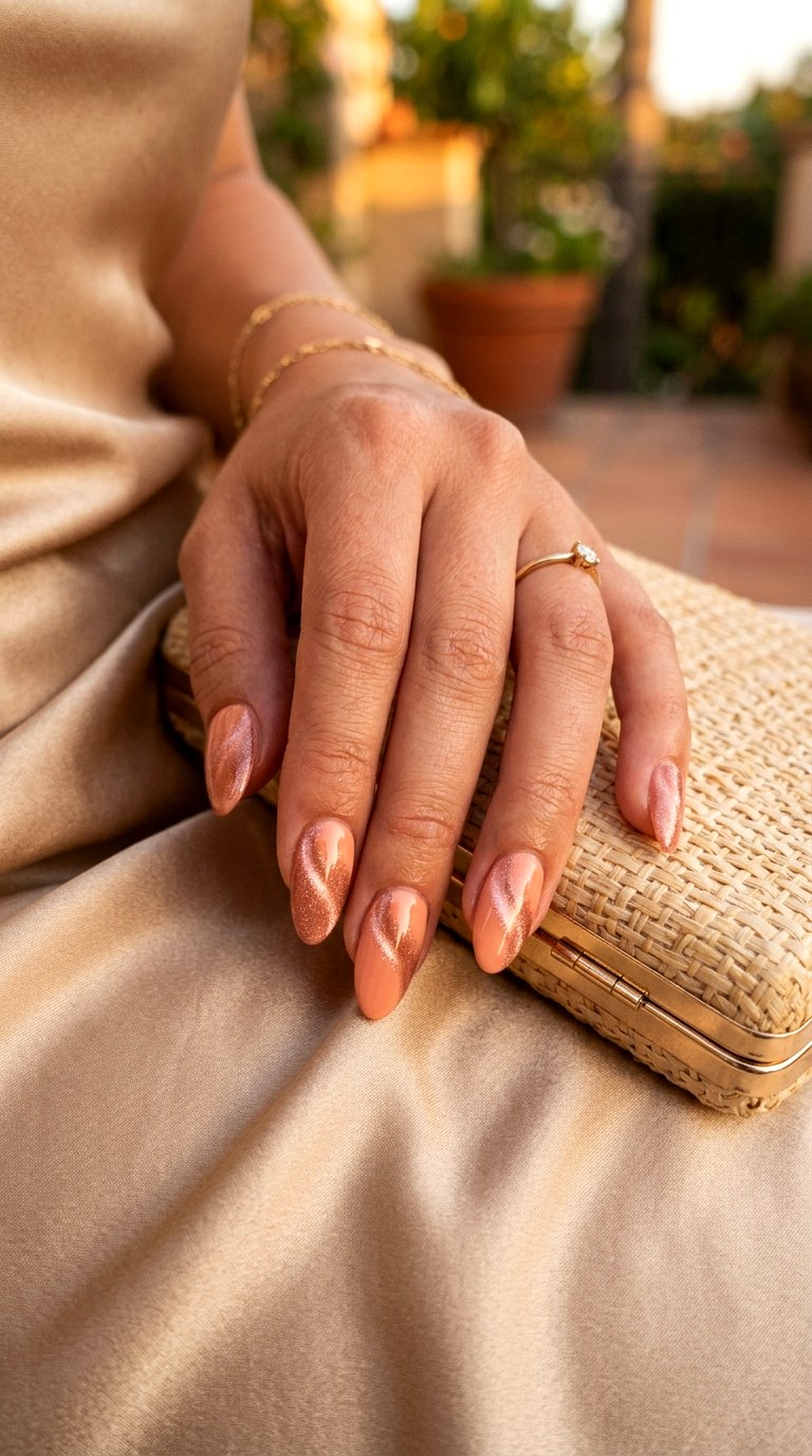 Peach Cat Eye with Rose Gold Magnetic Effect - 22 Summer Peach Cat Eye Nails Ideas