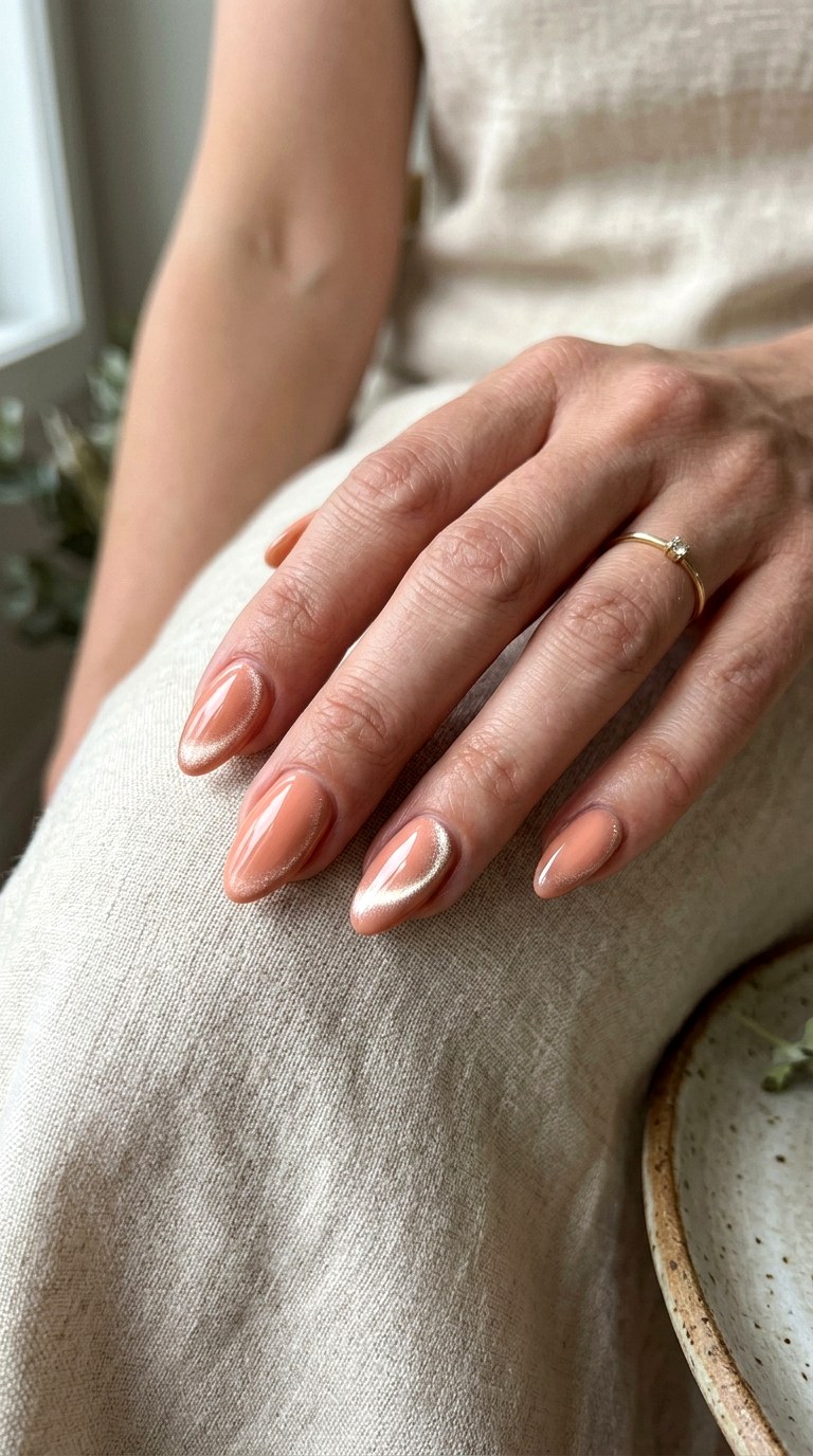 Peach Cat Eye with Side French Magnetic Accent - 22 Summer Peach Cat Eye Nails Ideas