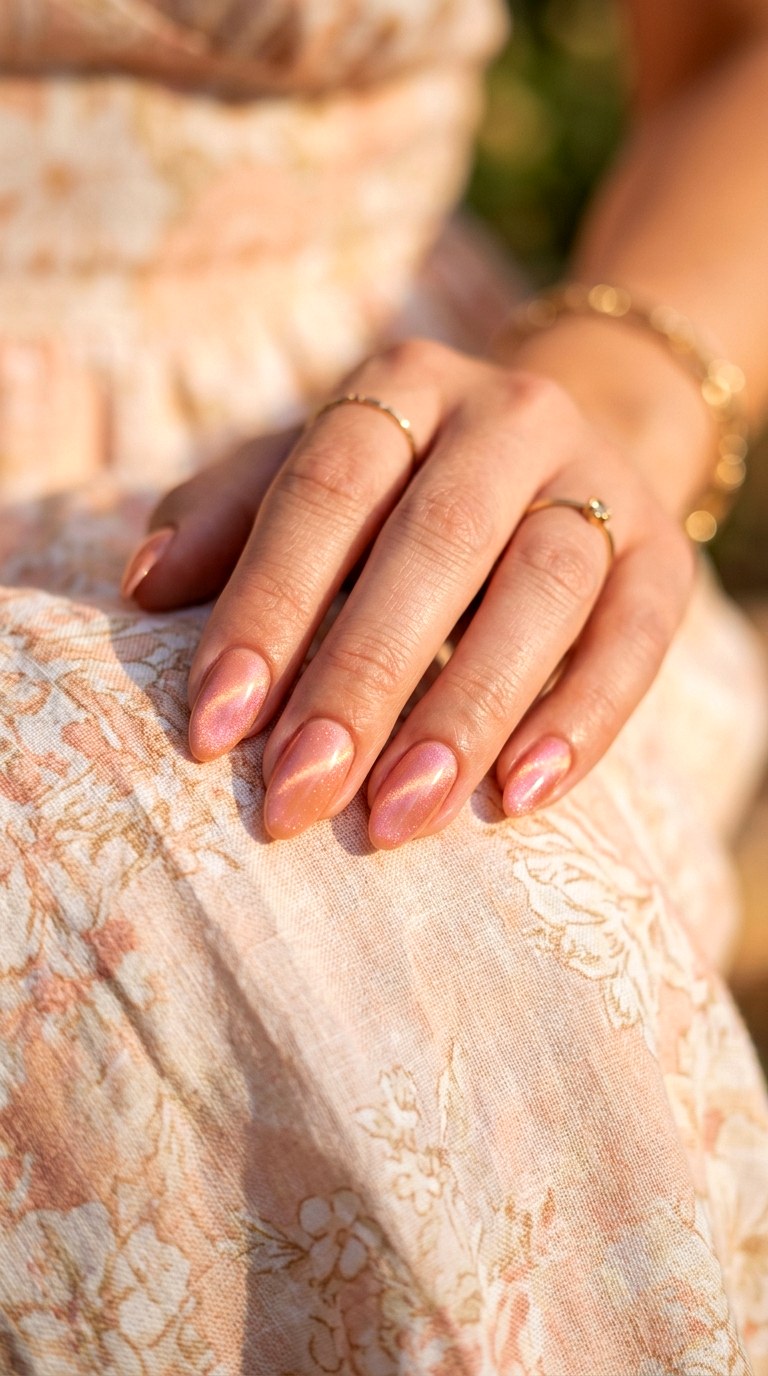 Peach Cat Eye with Soft Pink Undertones - 22 Summer Peach Cat Eye Nails Ideas