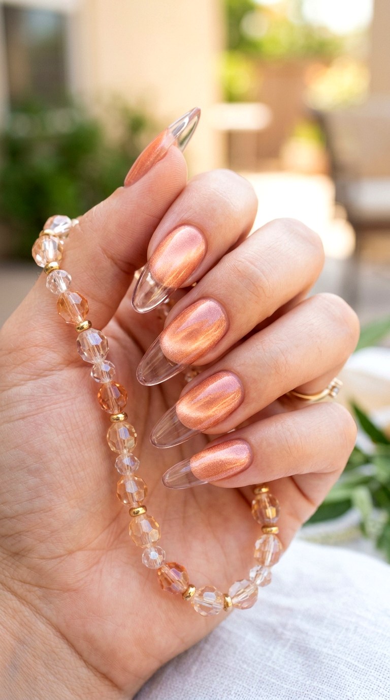 Peach Cat Eye with Transparent Tips - 22 Summer Peach Cat Eye Nails Ideas