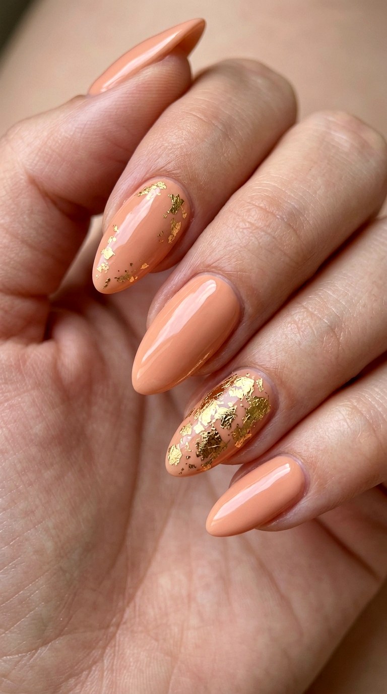Peach Nude and Gold Foil Accents - 24 Classy Spring Two Colored Nails