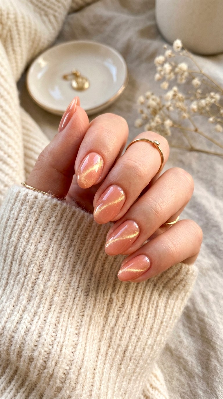 Peach Pink and Gold Line Effect - 26 Summer Dual-Tone Magnetic Cat Eye Nails Ideas