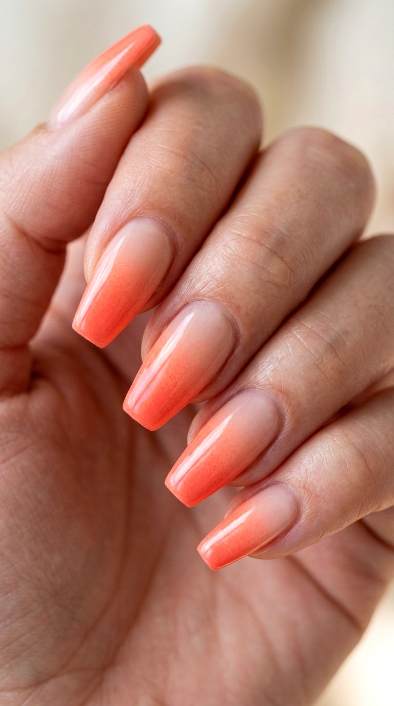 Peach Sorbet Gradient Coffin Nails - 23 Soft Spring Ombre Nails
