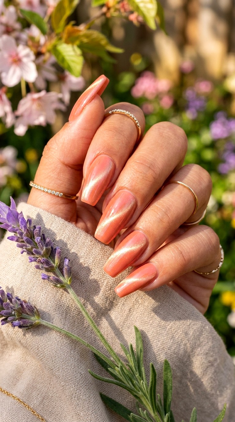 Peach and Coral Magnetic Shine - 20 Spring Dual-Tone Magnetic Cat Eye Nails Ideas