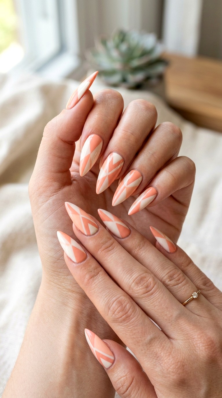 Peach and Cream Geometric Patterns - 27 Chic Spring Two Colored Nails