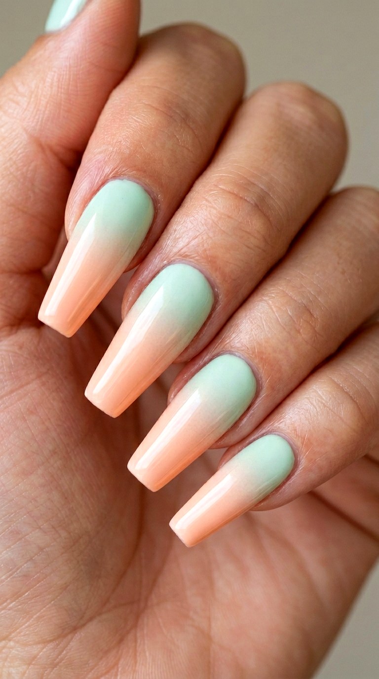 Peach and Mint Color Block Fade - 30 pastel spring ombre nails