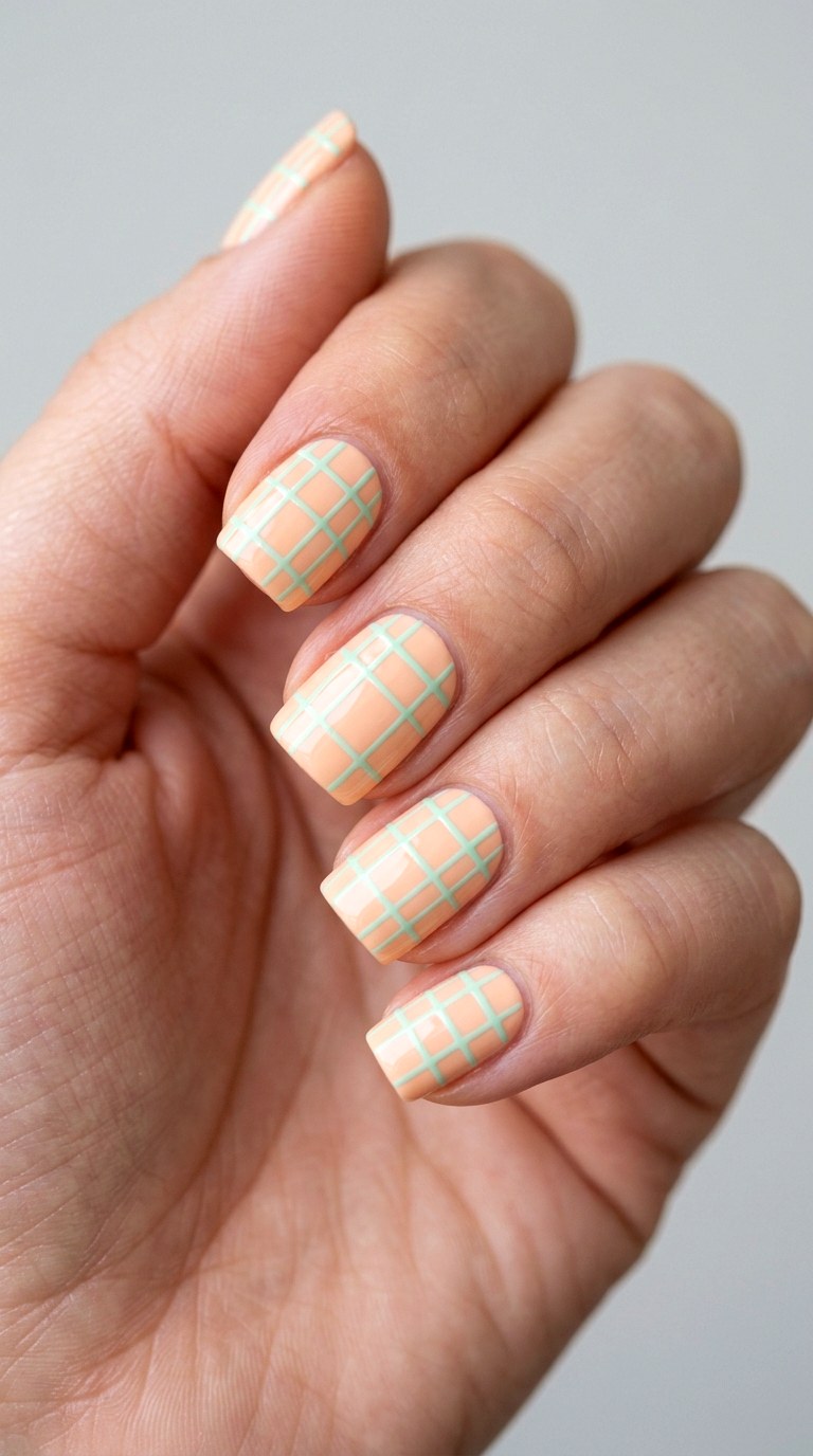 Peach and Mint Geometric Grid - 27 Graphic Spring Two Colored Nails
