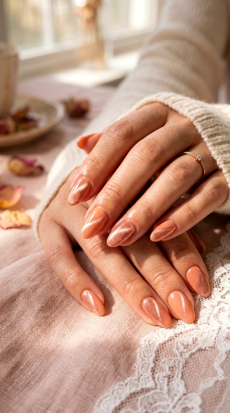 Peach and Rose Gold Glow - 26 Summer Dual-Tone Magnetic Cat Eye Nails Ideas