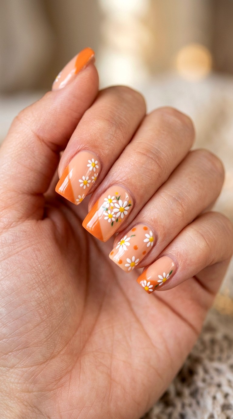 Peach and Warm Orange Daisy Pop - 21 Unique Spring Multicolor Acrylic Nails