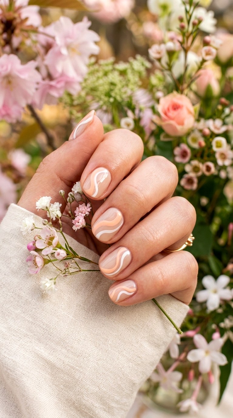 Peach and White Swirl Nails - 28 Short Spring Nail Designs That Are Cute and Practical
