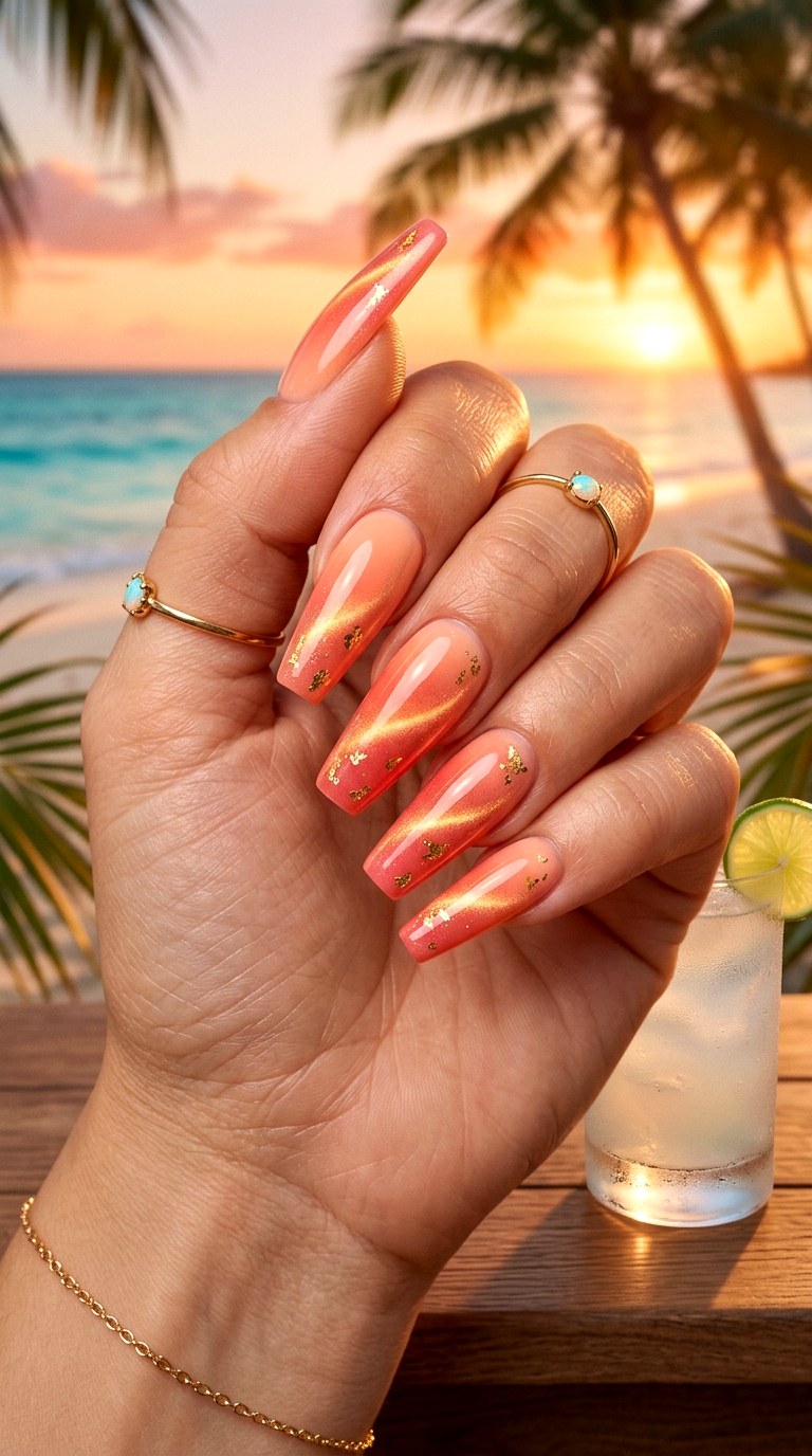 Peach to Coral Sunset Cat Eye Ombre Nails - 24 Summer Ombre Pastel Cat Eye Nails Ideas