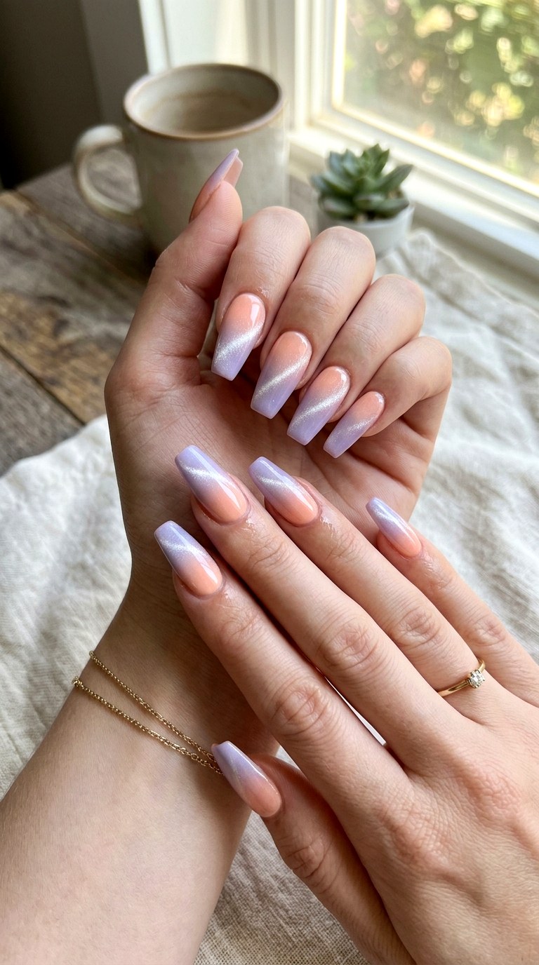 Peach to Lavender Dual Tone Cat Eye Ombre Nails - 24 Summer Ombre Pastel Cat Eye Nails Ideas