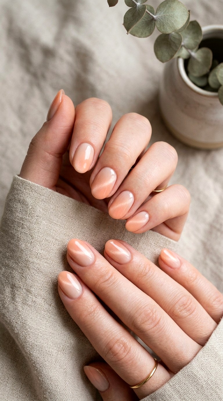 Peach to Nude Minimalist Cat Eye Ombre Nails - 24 Summer Ombre Pastel Cat Eye Nails Ideas