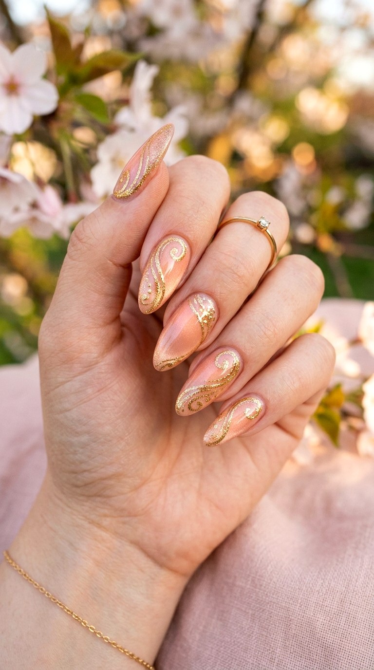 Peachy Blush Cat Eye with Gold Glitter Swirls - 20 Spring Blush Cat Eye Nails with Glitter Ideas