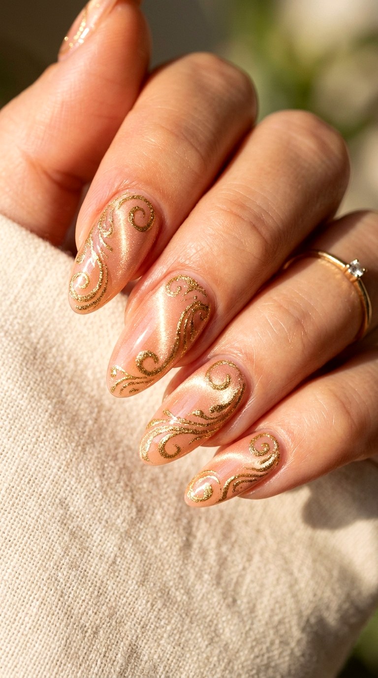 Peachy Blush with Gold Glitter Swirls - 21 Summer Blush Cat Eye Nails with Glitter Ideas