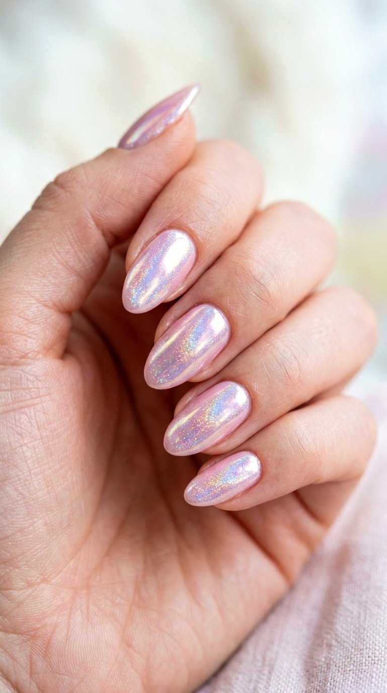 Pearl Chrome Veil Over Pink - 25 Simple Spring Two Colored Nails