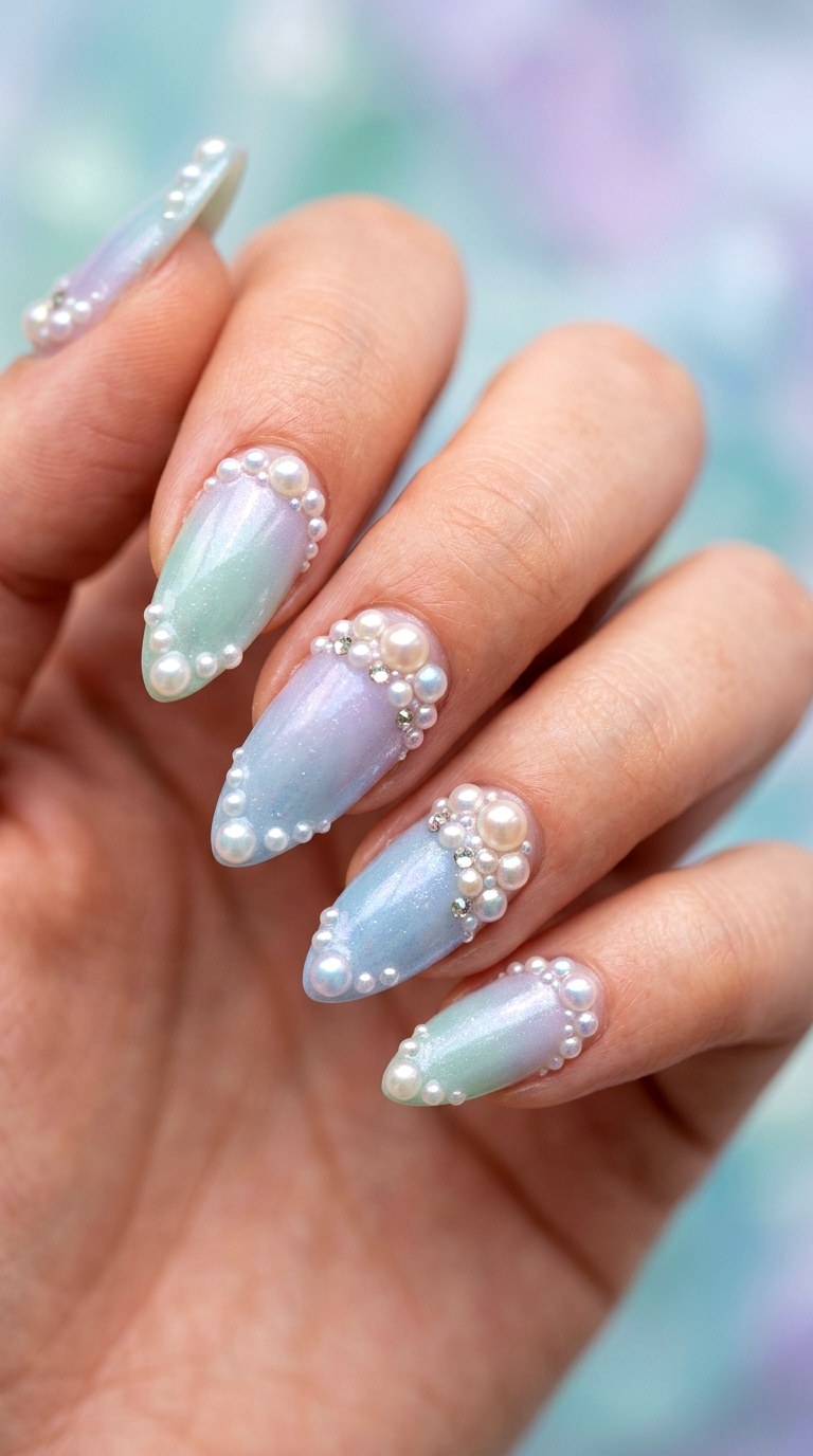 Pearl Embellished Mermaid Dreams - 29 Artsy Spring Colorful Junk Nails