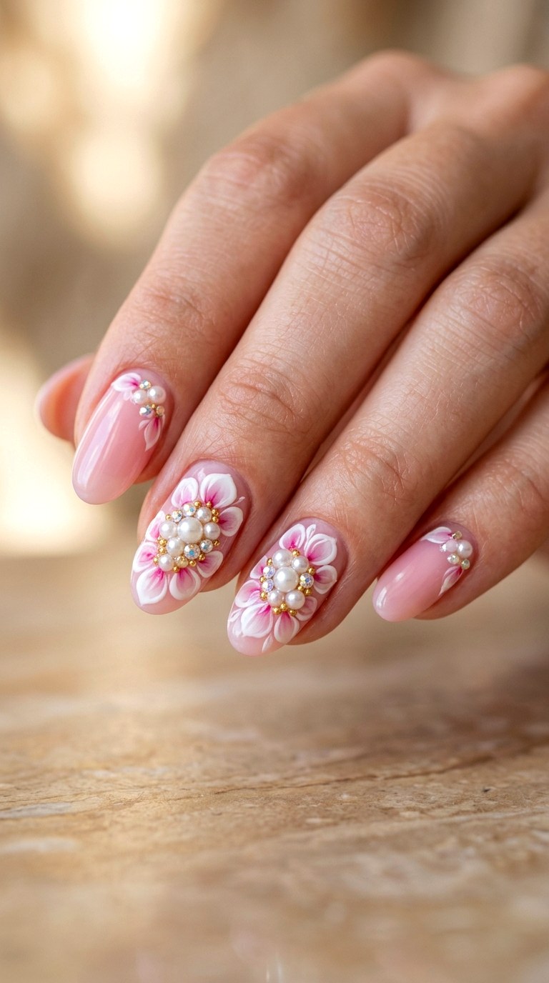Pearl Encrusted Floral Centers - 26 Floral Spring Acrylic Nails