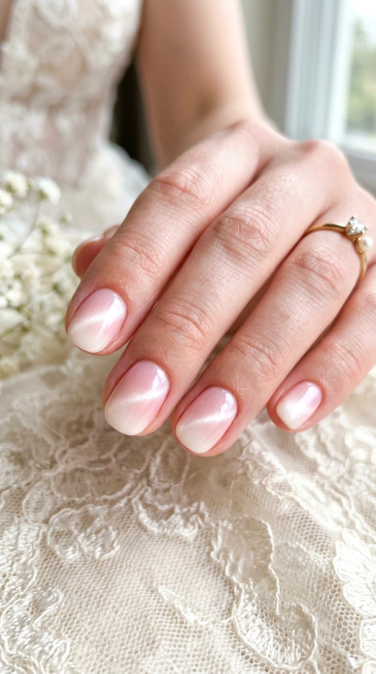 Pearl Finish Pink and White Cat Eye Nails - 20 Spring Pink and White Gradient Cat Eye Nails Ideas