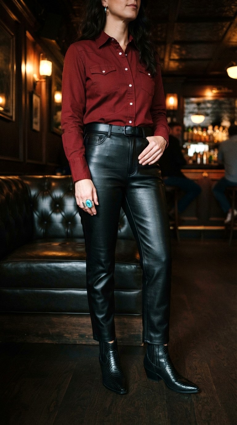 Pearl Snaps and Black Leather Trousers Western Chic Outfit - 29 western chic outfits