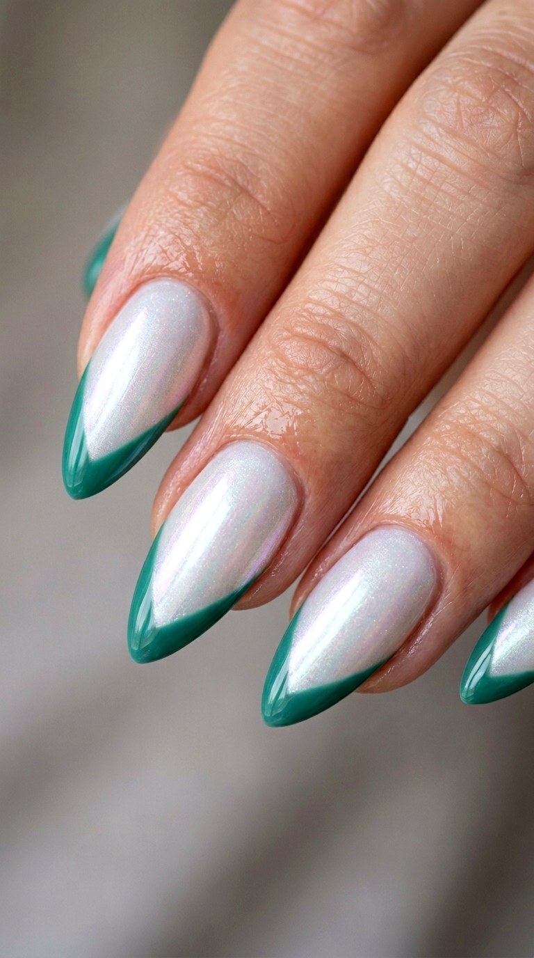 Pearl White and Spearmint Chevron French - 23 Geometric Spring Two Colored Nails