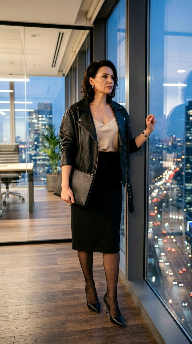 Pencil Skirt and Stiletto Pumps - 27 oversized leather jacket outfits