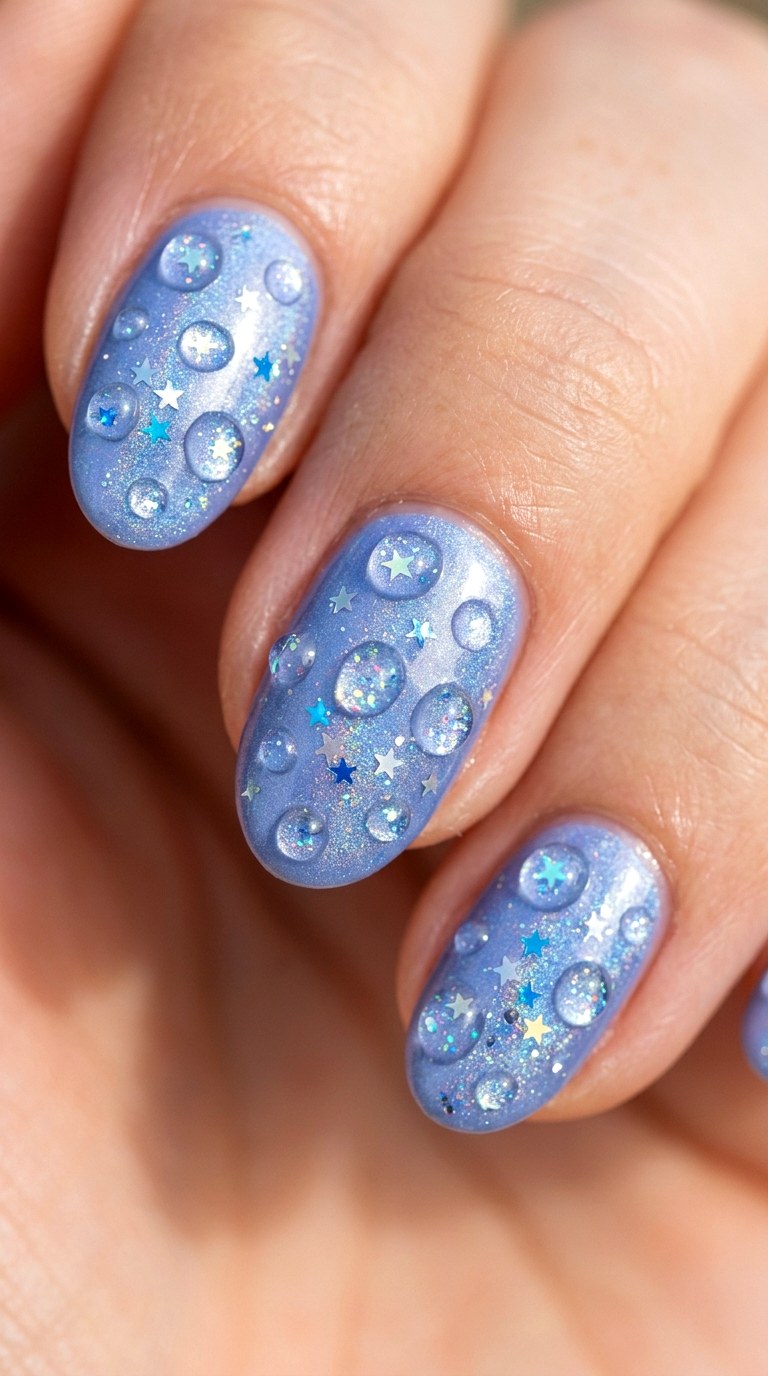 Periwinkle Blue Holographic Dewdrop Nails - 20 Sunny Spring Multicolor Acrylic Nails