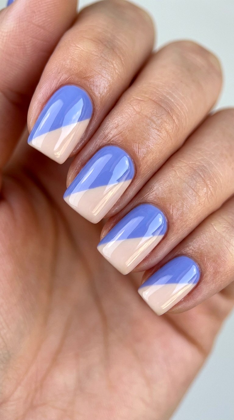 Periwinkle Blue and Soft Beige Diagonal Angles - 23 Geometric Spring Two Colored Nails