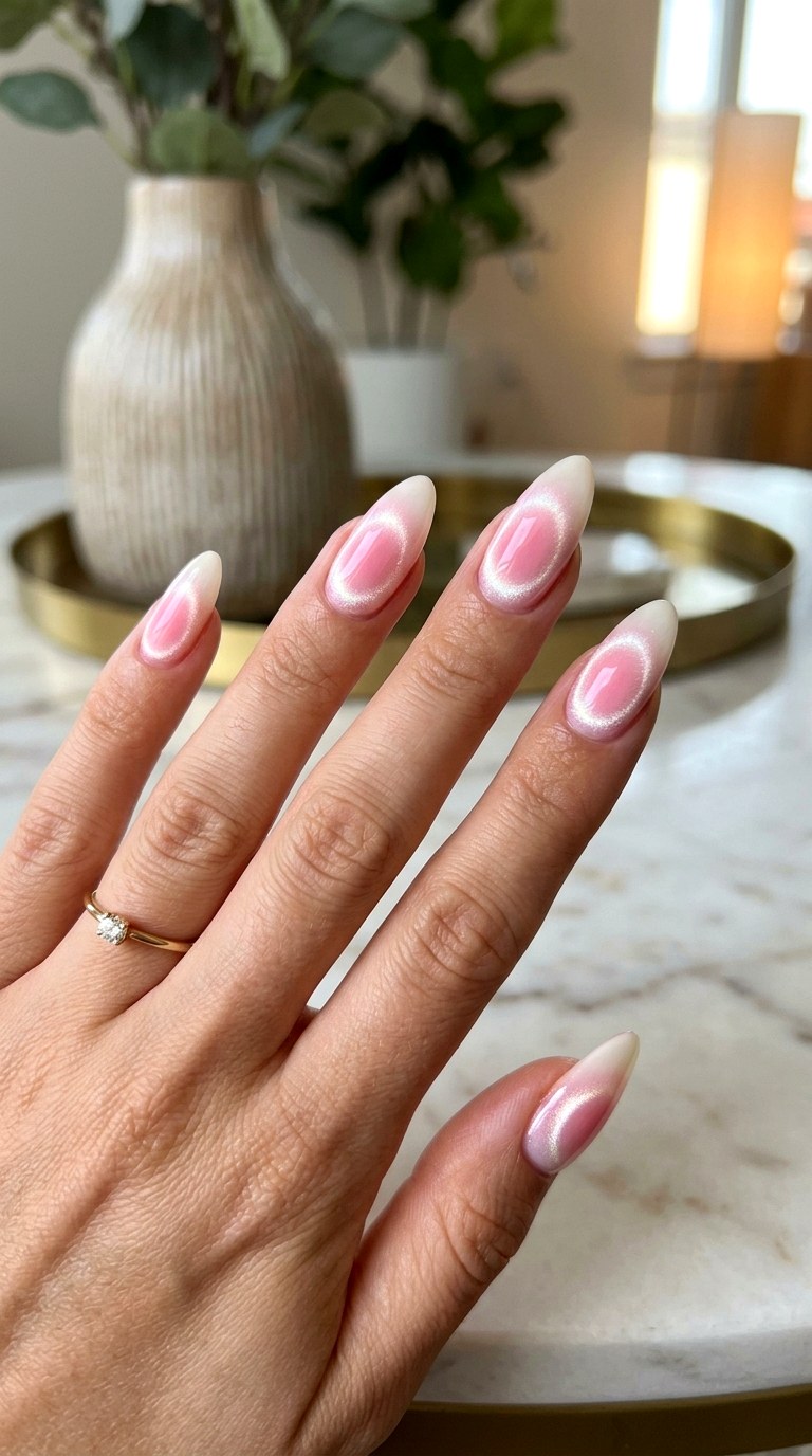 Pink Aura Cat Eye Gradient Nails - 21 Summer Pink and White Gradient Cat Eye Nails Ideas