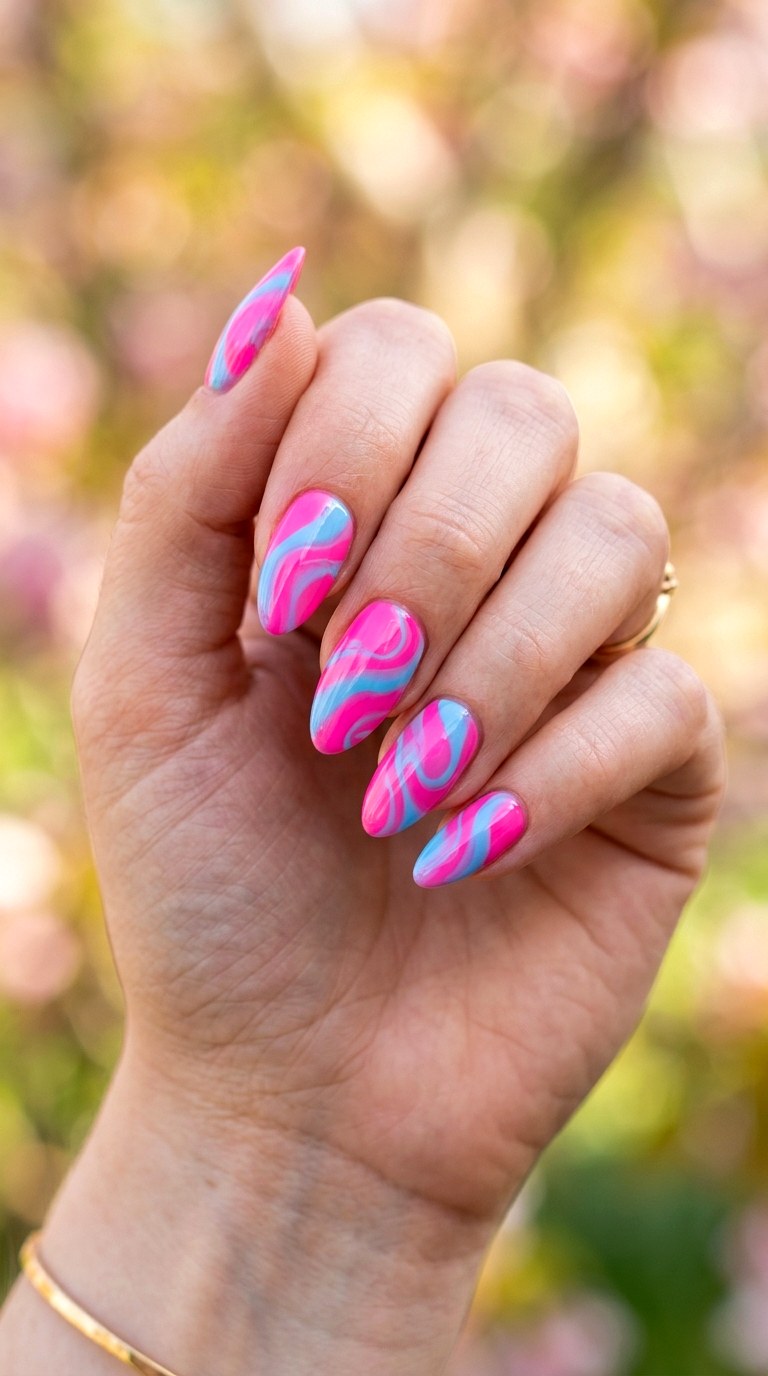 Pink Base Blue Swirls - 30 Cheerful Spring Multicolor Nails