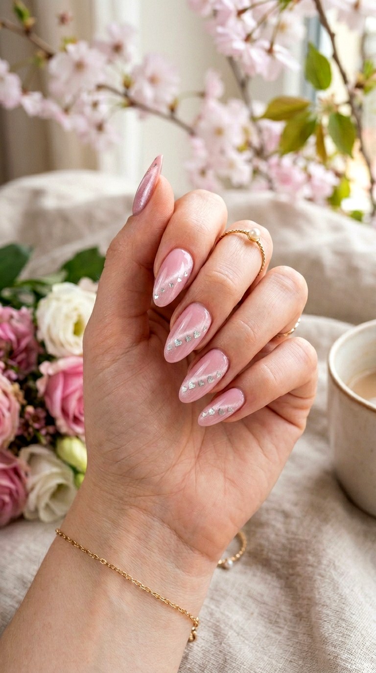 Pink Cat Eye with Glitter Heart Accents - 20 Spring Pink Cat Eye Nails with Shimmer Line Ideas