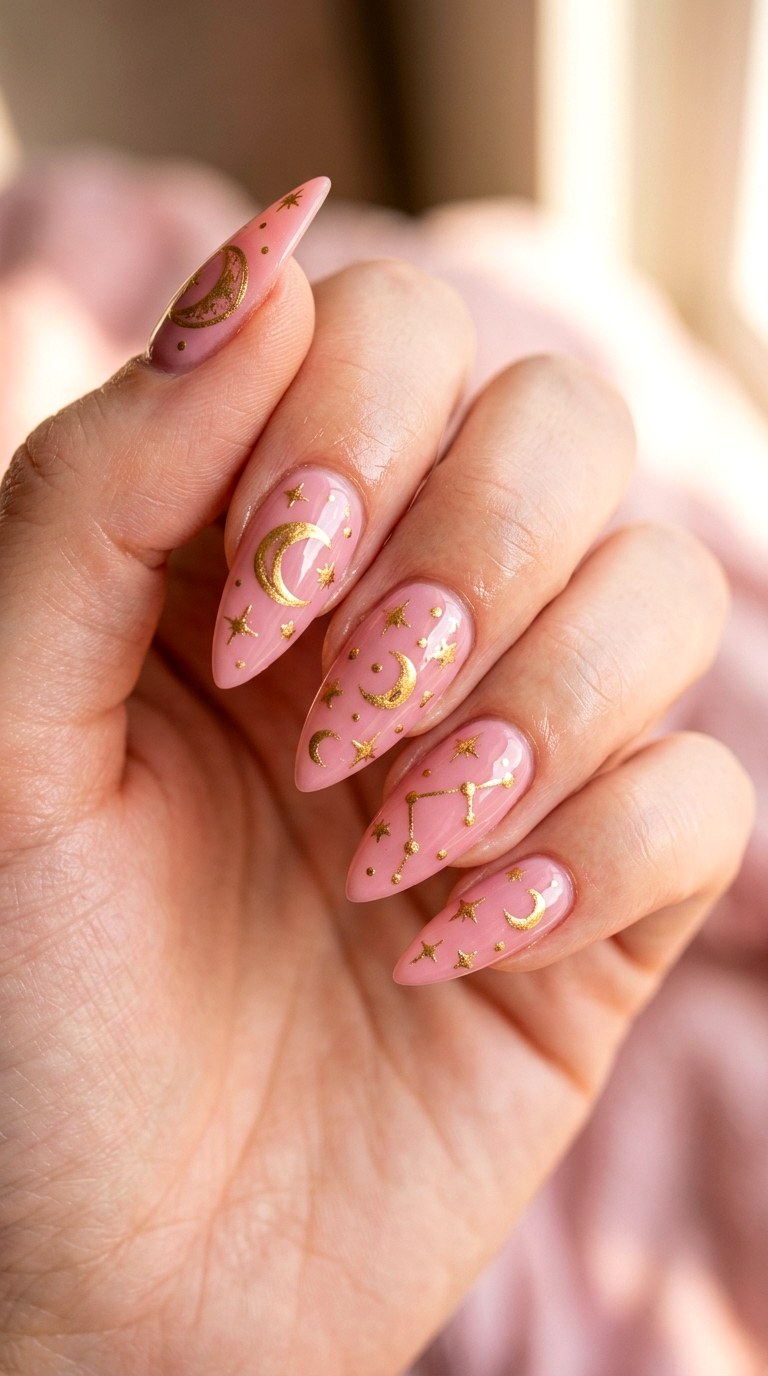 Pink Celestial Gold Art - 28 Sharp Spring Stiletto Nails