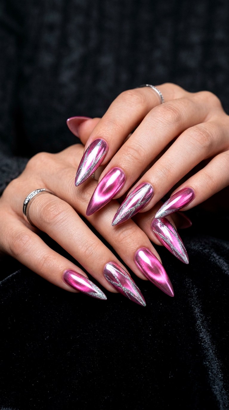 Pink Chrome Cat Eye with Metallic Shimmer Line - 22 Summer Pink Cat Eye Nails with Shimmer Line Ideas