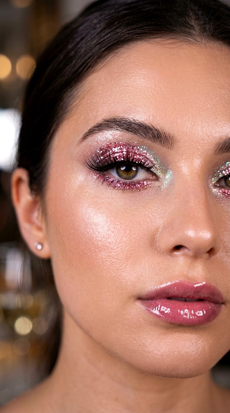 Pink Chrome Glitter Eye Makeup - 24 Holographic Sparkle Eye Makeup for Night Parties