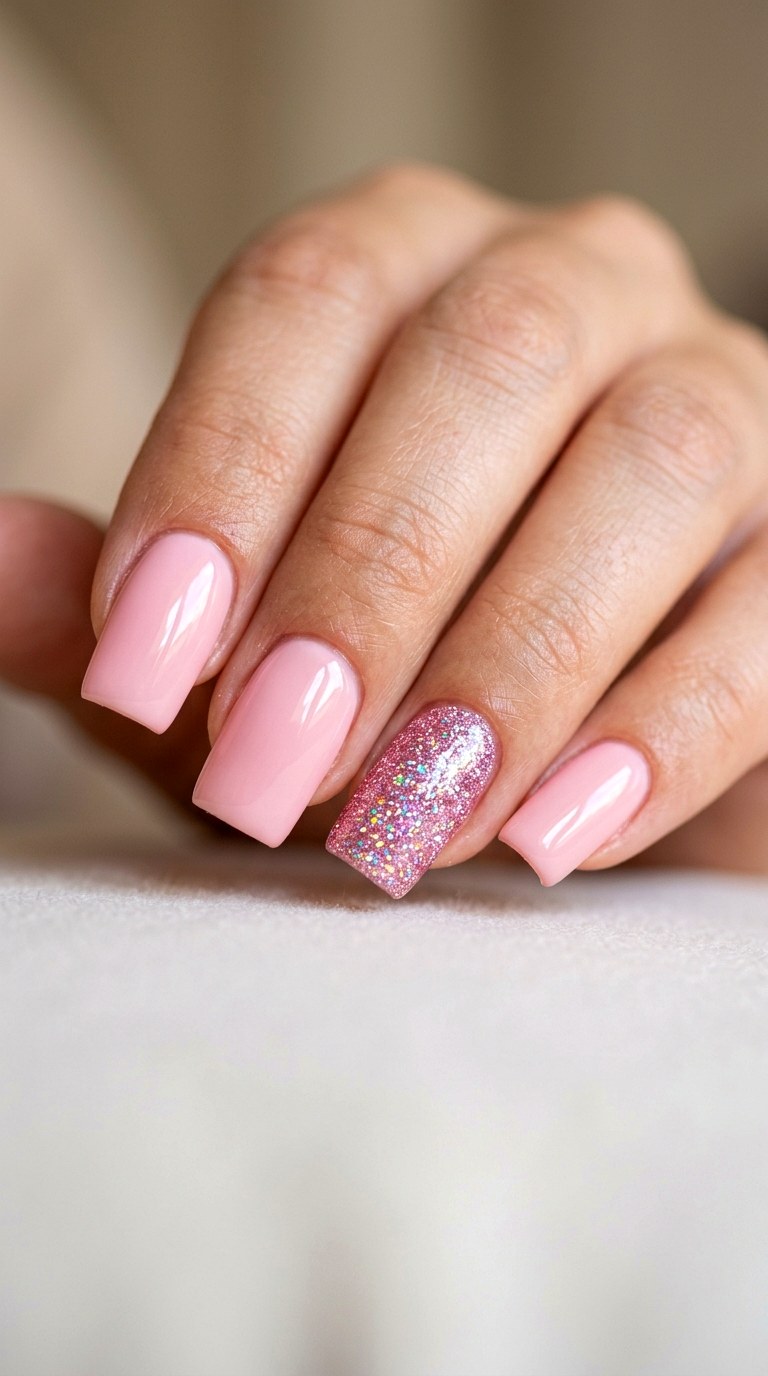 Pink Glitter Accent on Square Medium - 22 Pink Spring Acrylic Nails