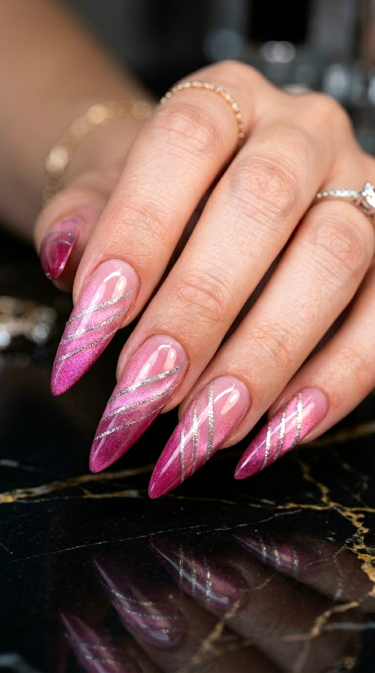 Pink Gradient Cat Eye with Triple Shimmer Lines - 22 Summer Pink Cat Eye Nails with Shimmer Line Ideas