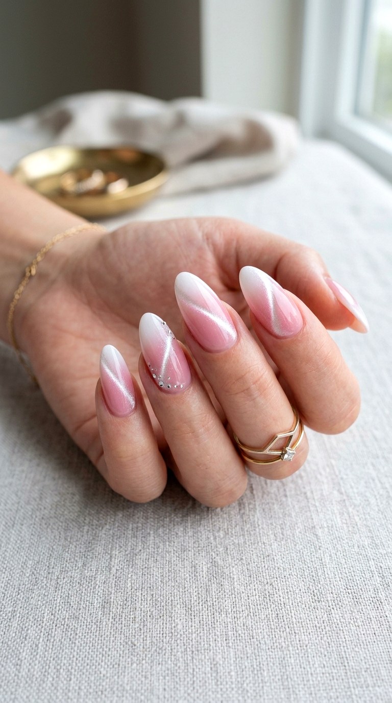 Pink Gradient with Diagonal Cat Eye Line - 21 Summer Pink and White Gradient Cat Eye Nails Ideas