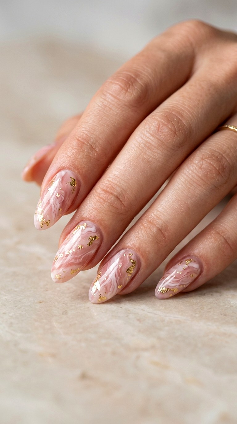 Pink Marble Waves with Gold Flakes - 29 Festive Spring Multicolor Acrylic Nails