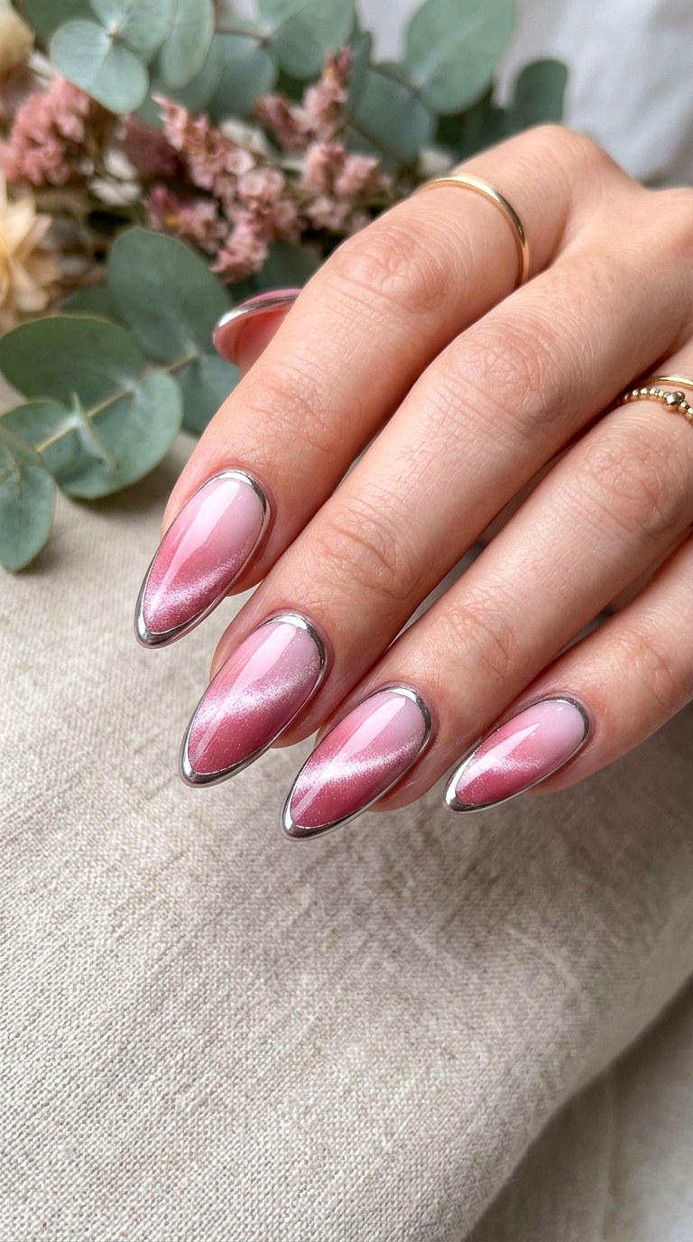 Pink Ombre Cat Eye with Chrome Outline - 22 Summer Chrome Outline Cat Eye Nails Ideas