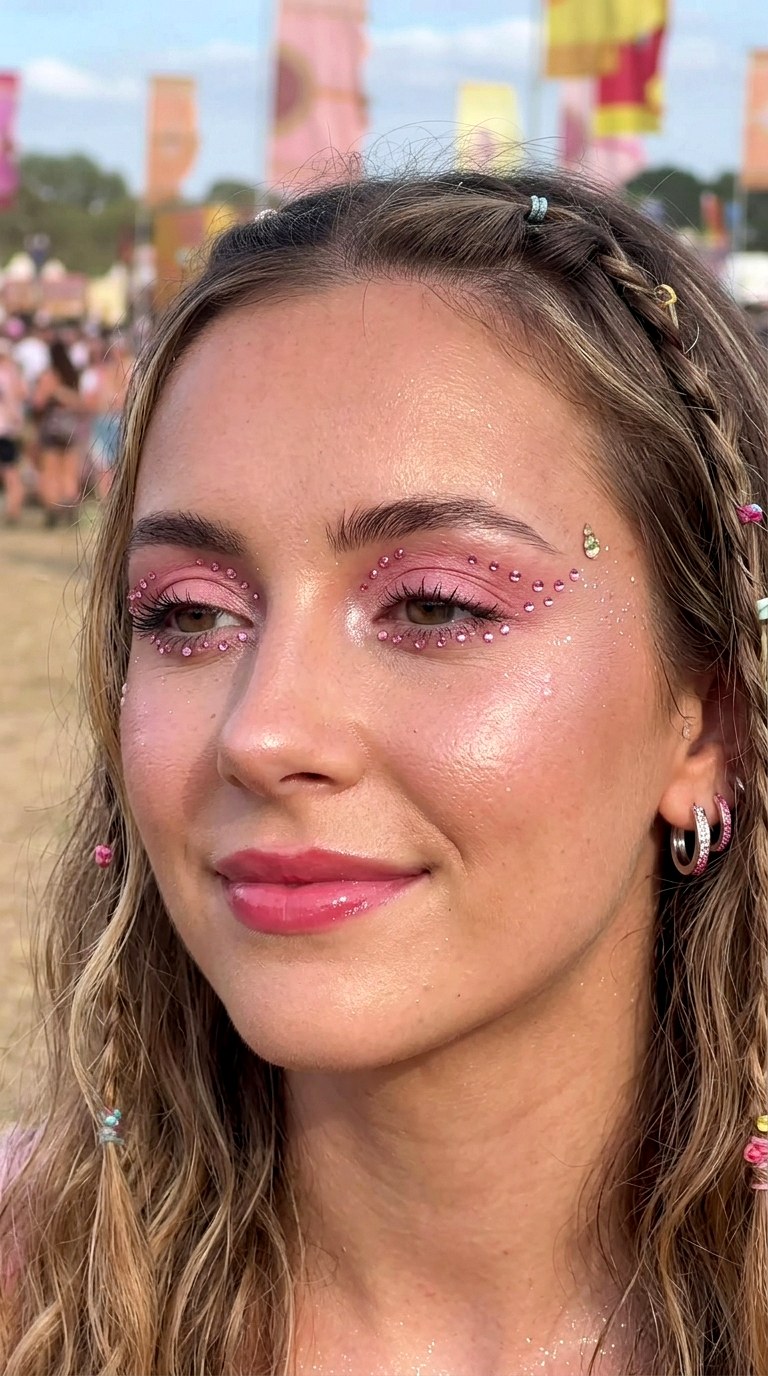 Pink Rhinestone Accent Eyes - 23 Strawberry Milk Pink Eye Makeup Trend Ideas for 2026