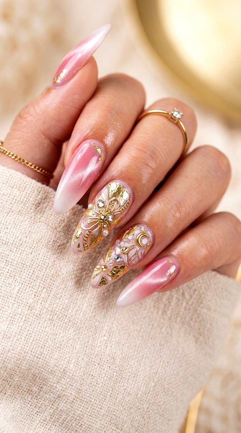 Pink White Gradient with Foil Accents - 20 Spring Pink and White Gradient Cat Eye Nails Ideas