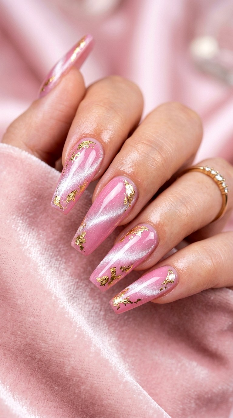 Pink and Gold Foil Cat Eye - 20 Spring Dual-Tone Magnetic Cat Eye Nails Ideas
